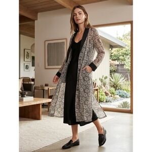 POL Floral Duster Cardigan Black White Daisy Print Satin Trim Womens M